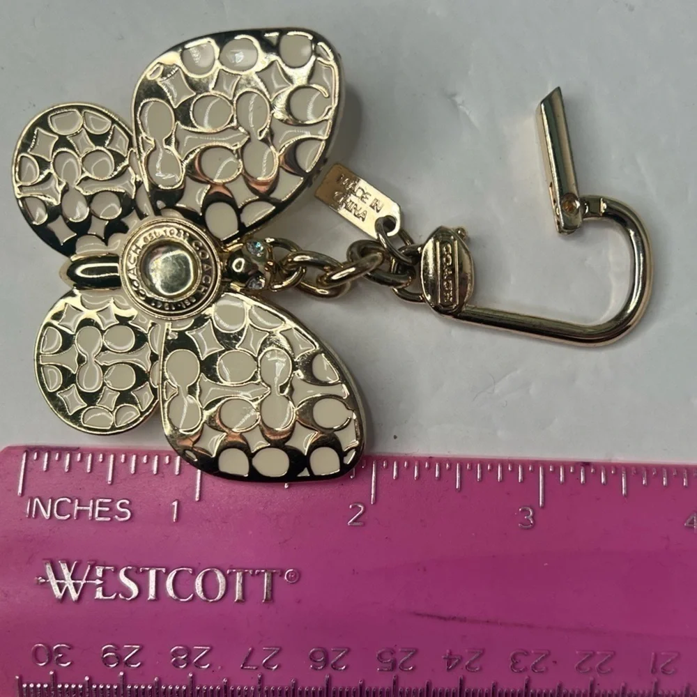 Coach Butterfly White and Gold Enamel Metal Keychain Fob Charm Rare